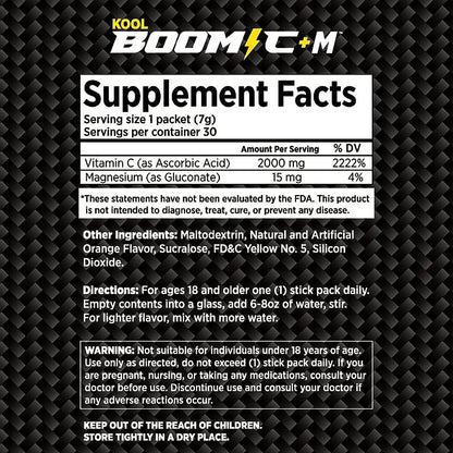 Kool Boom C + M - Vitamin C  2,000 Mg + Magnesium - 30 Stick Packets (.25 Oz - 7g)